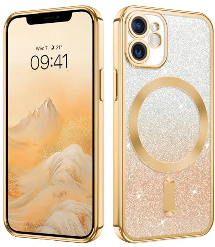 GUAGUA Magnetisch für iPhone 12 Mini Hülle, iPhone 12 Mini Handyhülle [Kompatibel mit MagSafe] Glitzer Schutzhülle mit Magnet Stoßfeste Kratzfeste Weiche TPU Schutzschale Case, (5,4'') Gold