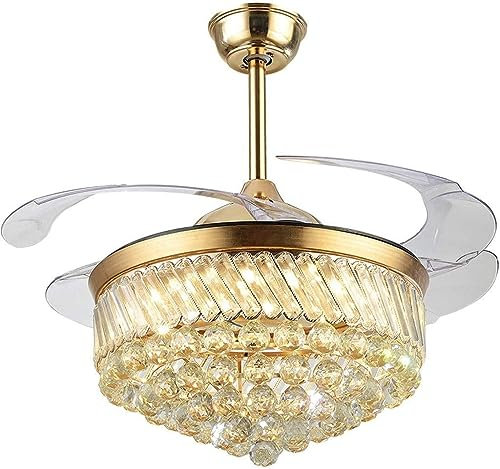Lámpara colgante con control remoto de cristal dorado, ventiladores de techo LED regulables, cristal de lujo con luces, cuchillas retráctiles, ventiladores de araña de cristal invisibles para sala de