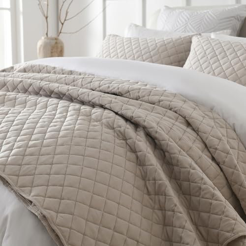ENASAL Tagesdecke 220x240cm, Bettüberwurf Sofaüberwurf leichte Überwurfdecke mit 2 Kissenbezügen, Gesteppte Steppdecke für Doppelbett,Weiß Geometrisch, 250x270cm