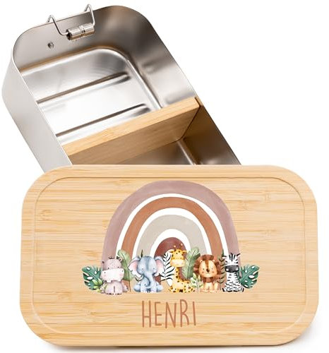 Kidsmood - Personalisierte Brotdose Kinder mit Fächern, Edelstahl Lunchbox mit Bambusdeckel | Schadstoffrei bedruckt, mit niedlichem Tier-Motiv & Namen, Geschenke zur Einschulung Mädchen & Jungen