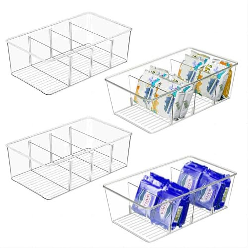 AIYULONG 4er Set Kühlschrank Organizer mit 4 Fächern, BPA-Freie Küche Stapelbarer Lebensmittel aufbewahrungsbox für Schrank,Schubladen,Gewürz - Küchen Organizer