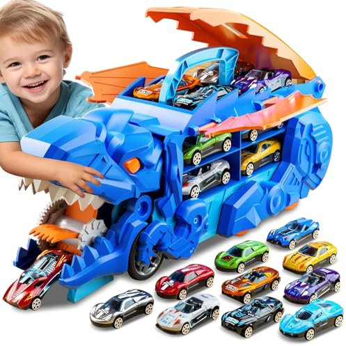 Esteopt Transport Truck Spielzeug Autos für Jungen Alter 3 4 5 6 7, tragbare Dinosaurier Rennstrecke Truck mit 12 Dinosaurier Set Geschenkbox (Blau)