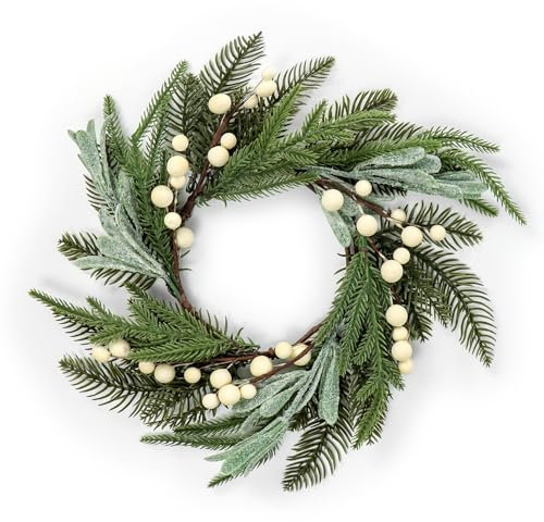 Christmas Wreath for Front Door, 35cm Christmas Candle Ring Wreath with Mistletoe Leaves,Berry and Pine Branch for Xmas Table Fireplaces Centerpiece Porch Wall Window Home Decor (White)