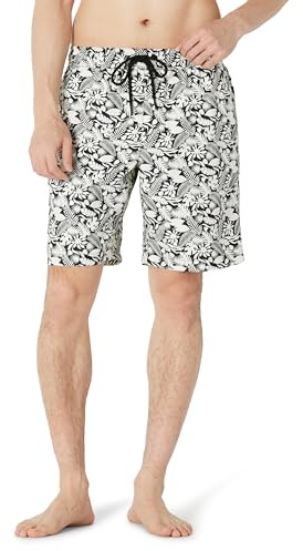 Amazon Essentials Short de Bain de 23cm avec Doublure en Maille, Poches, Fermeture à Cordon Homme, Noir Ivoire Feuilles Tropicales, S