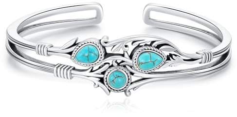DOLIOX Echtes Türkis-Boho-Blatt-Armband, Sterling-Silber Western-Armreif, verstellbar, Indianerschmuck für Frauen, passend für 6,5-7 7,5 Zoll