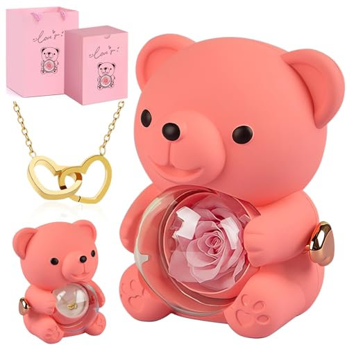 goldmiky Ewige Rose Teddybär Geschenkbox,Rose Bear Gift Box, Kugel Rosenbox mit Gravur Doppelherzkette,Ewige Rose Teddy, Rosen Teddybär Geburtstagsgeschenk für Frauen, Valentinstag, Weihnachten