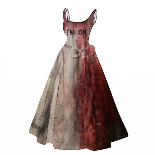 Costume d’Halloween pour femmes, robe midi avec imprimé , style décontracté, col rond, sexy, sans manches, bretelles spaghetti, robes de fête / de cocktail, B1 rose., S