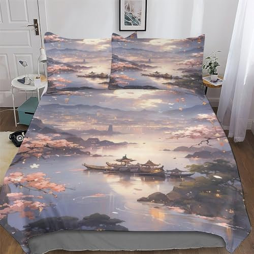 Japan Style Bettwäsche Premium Atmungsaktive Angenehme Bettbezüge, Mit Reißverschluss Bettdeckenbezug, 3teilig Bettbezug + Kissenbezug King (220x240cm)