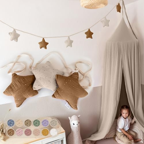 LILIMAUS Sternen Wimpelkette Stoff - Mit Goldapplikation in 12 Farben - 100% Baumwolle Handmade - Musselin Wimpelkette für Kinderzimmer - Deko für Mädchen & Jungen - Babyzimmer