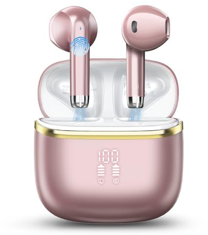 Wireless Earbuds, Bluetooth 5.3 Headphones with 4 ENC Noise Cancelling Mic, HiFi Stereo Deep Bass, 40H Playtime, IP7 Waterproof Bluetooth Earphones, Bluetooth Earbuds Dual LED Display, USB-C, Rose