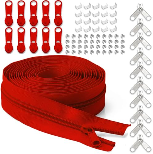 LHZHLE Durchgehende Reißverschlüsse Rolle zum Nähen: 9,1 m Armeegrün Nylon-Reißverschlussband mit 20 Schiebern (07 Rot, Nr. 3 Reißverschluss 9,15 m)