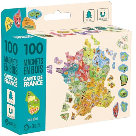 Jeujura - 100 Magnete aus Holz, Karte von Frankreich – Rekonstruktion der französischen Departements und Regionen – um die Tafeln zu begleiten – Magnete aus Holz – Geographie – Box 17 x 15 x 4 cm – ab