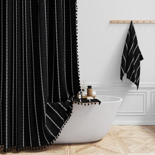 BTTN Boho Farmhouse Striped Shower Curtain, 183x186cm with Tassel, Black | 12 Plastic Hooks, Laminated Waterproof Backing, Mould Proof Resistant, Boho Weighted Fabric for Bathroom & Wet Room, Washable