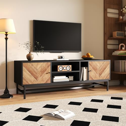 Merax Meuble TV 150 cm avec espace de rangement polyvalent avec pieds en métal solides, noir et bois, 150 x 38 x 55 cm (L x l x H)