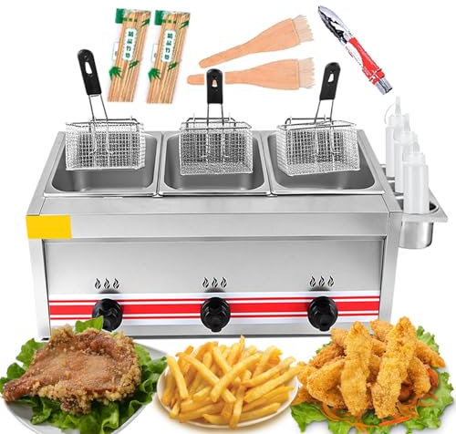 Commercial Triple Cylinder Gas Deep Fat Fryer with Condiment Rack, Ideal for Fried Chicken and Shrimp in Professional Kitchens