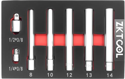 ZKTOOL 7PCS 3/8 Extra Deep Impact Socket Set, 8MM 10MM 12MM 13MM 14MM, Hexagon Socket, Extra Long Deep 120MM, with 1/2'' and 3/8'' Adapters