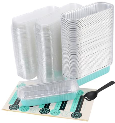 CHIHEUNG - Juego de 100 mini moldes para pan con tapas, 200 ml con pegatinas, color azul de papel de aluminio para bodas, cumpleaños, picnic, postres