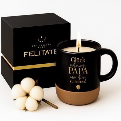 FELITATE Geschenk für Papa, 2in1 Duftkerze in Tasse mit Spruch | Glück ist, einen Papa wie dich zu haben Geschenke zum Vatertag & Geburtstag für Männer, Geschenkidee, Geschenkset