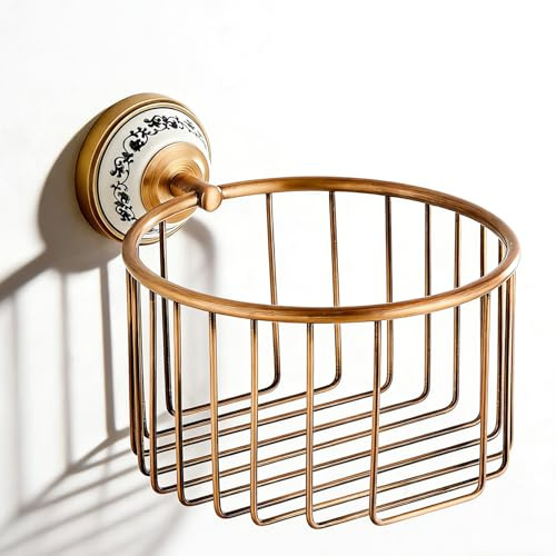 Bathroom Storage, NEWRAIN Wall Mounted Toilet Roll Holder Basket, Antique Brass Toilet Paper Storage Rack, Vintage Bathroom Organizers