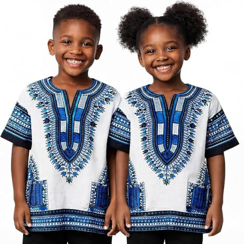 Adalex Global Dashiki African Kids Shirt Traditional Design, Authentic Clothes for Children Ethnic Patterns and African Print Boy Girl (UK, Age, 8 Years, 10 Years, Regular, White Blue)