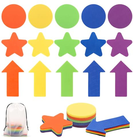 Teppich-Punkte, 5 Farben, kreisförmig, Sterne, Pfeilform, Teppich-Punkte, Bodenmarkierungen mit Aufbewahrungstasche für Klassenzimmer-Organisation, Tanzpraxis, pädagogische Dekoration, 50 Stück
