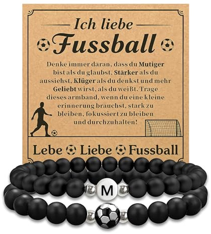 Aidenn Fussball Geschenke Jungen Fußball Armband Set mit Initial Anhänger & Fußball Charm, Naturstein Freundschaftsarmband Geburtstagsgeschenk Weihnachtsgeschenke Sohn Bruder Teenager Fußballfans