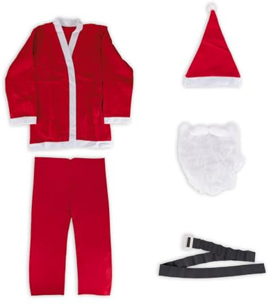 Wintem 5-teiliges Weihnachtsmann-Kostüm für Herren mit Bart und verstellbarem Gürtel, Jacke und Hose aus weichem Polyester, Einheitsgröße für Weihnachtsfeiern und Events, Rot