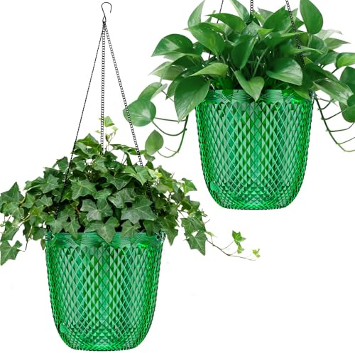 QCQHDU 2 Pack 5.7 Inch Self Watering Hanging Plant Pots Indoor, Plastic Hanging Flower Pots with Drainage Holes and 3 Hooks Chains for Home (Emerald)