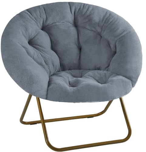 DUMOS Comfy Saucer Chair, Faux Fur Lounge Seasting XL Circle Chair for Bedroom, Dorm & Gaming, Foldable Fashion Accent Seat for Small Spaces, Folding Moon/Mushroom/Round Oversized Style