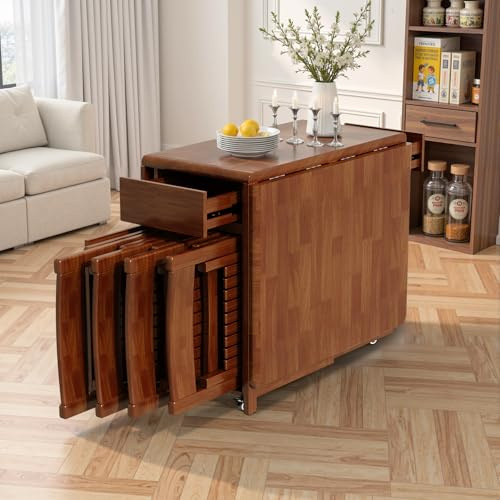 Cyclauricate Folding Drop Leaf Dining Table and 4 Chairs, 130cm Fully Assembled Solid Wood Space-Saving Kitchen Table and Chairs Set with Storage & Lockable Wheels, Walnut