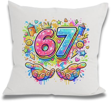 Druckerino Six Seven Graffiti Kissen 67 – Cooles Dekokissen Kinderzimmer & Teens – Bunt Weiß Street Art – Geschenk Geburtstag Junge Mädchen 40x40