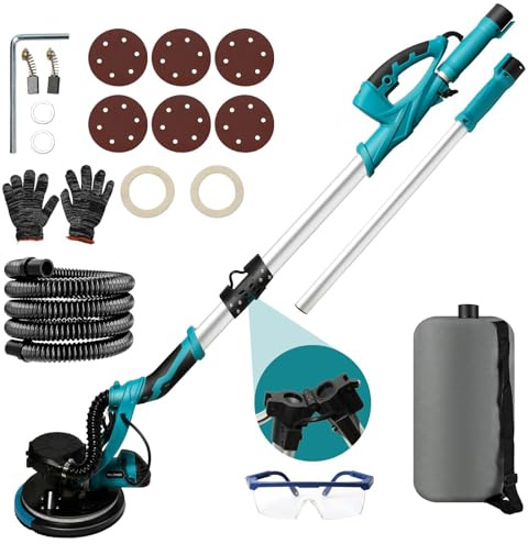 Ponceuse Girafe 1250W Ponceuse Mur et Plafond avec Aspirateur pour Plaques Plâtre Cloisons Sèches,1800tr/min,Éclairage LED,Poignée Télescopique,pour Débutants/Travaux Ponçage Professionnels (Bleu)