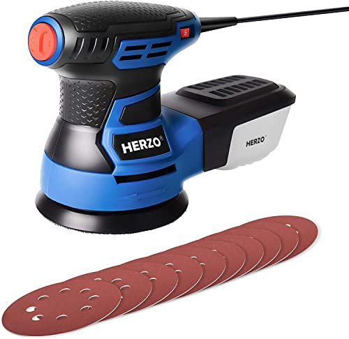 Lijadora Excéntrica 300W ,HERZO 6 Velocidad Ajustable, Lijadora con 13000 RPM Motor, 10 PCS Papeles de Lija de 125mm con Caja de Recogida