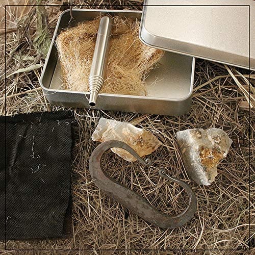 Wandeli Feueranzünder mit englischem Feuerstein, Stahl, Primitive Fire Starter mit Jute Zinndose