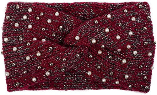 styleBREAKER Damen Strick Stirnband mit Perlen, Metallic Garn und Twist Knoten, warmes Winter Haarband, Headband 04026029, Farbe:Bordeaux-Rot-Schwarz