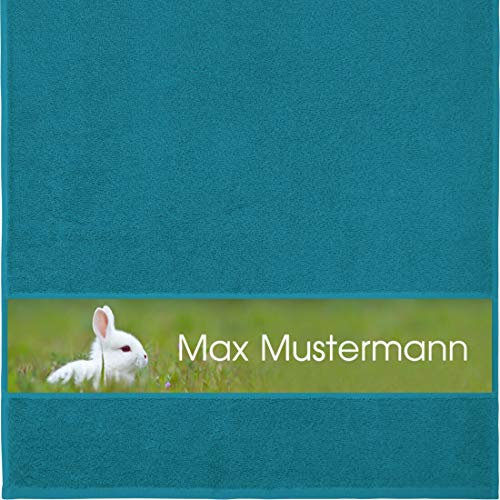 Manutextur Handtuch mit Namen - personalisiert - Motiv Tiere - Kaninchen - viele Farben & Motive - Dusch-Handtuch - Petrol - Größe 50x100 cm - persönliches Geschenk mit Wunsch-Motiv und Wunsch-Name