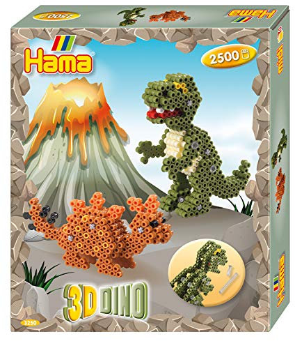 Hama Perlen 3250 Geschenk-Set 3D Dinos mit ca. 2.500 bunten Midi Bügelperlen mit Durchmesser 5 mm, Motivvorlage und Stiftplatte, inkl. Bügelpapier, kreativer Bastelspaß für Groß und Klein