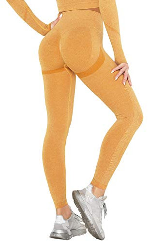 DUROFIT Scrunch Butt Leggings Damen High Waist Sport Leggings Po Push Up Leggings Booty Lift Leggins Gym Leggings Yoga Pants Ruched Sporthose Gelb S