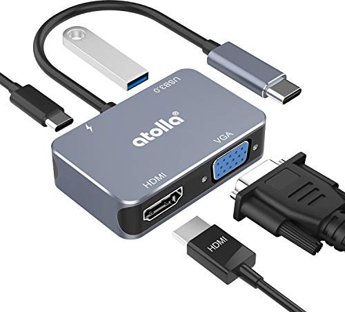 USB C Hub, atolla 4 in 1 Aluminum USB C Hub Multiport Adapter with 4K HDMI, 1080P VGA Adapter, USB 3.0 Port, 60W Power Delivery Port for MacBook Pro 2019/2018 and More Type C Devices