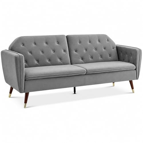 Bravich Victoria 3 Seater Velvet Sofa Bed, Split Back Click Clack Sofa Bed, Each Side Reclines Independently or Folds Flat to a Double Guest Bed, Gold Legs Settee Couch, Light Grey