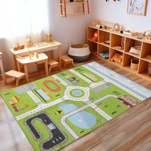 Carpettex Kinderteppich rutschfest | Lehrreiche Grün Straße Design 120 x 170 cm | Kein Abwurf | Kurzflor und Waschbarer Spielteppich für Kinderzimmer für Mädchen und Jungen | Fußball, Auto, Grün