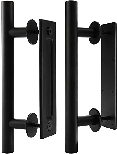 Peohud 2 Pack Sliding Barn Door Handle Blcak, 30cm Carbon Steel Pull and Flush Hardware Set, 12 Inch Heavy Duty Rustic Two-Side Design Door Hardware Set for Barn, Bedroom, Gate, Cabinet