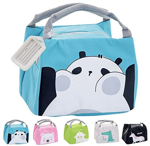 Hillylolly Children's Girls' Insulated Lunch Bag, Panda Design, Blue, Cartoon Pattern, 21x17x15cm, 1000ml Capacity, Zipper Closure, Lightweight, Portable, Anime Theme, Meal Transport Bag
