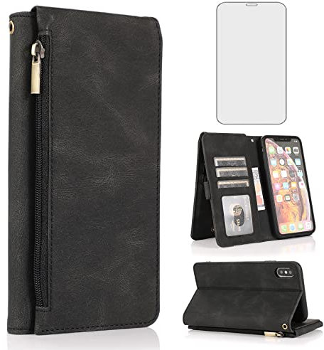 Compatible with iPhone Xs X 10 10s Wallet Case Tempered Glass Screen Protector Zipper Leather Flip Cover Card Holder Stand Phone for iPhoneX iPhoneXs iPhone10 i PhoneX SX 10x 10xs X’s Women Men Black