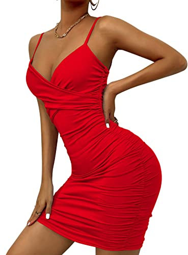 AIEOE Bodycon Bretelles Robe Sexy Femme avec Col en V et Dos Nu Élégant Court Taille L Rouge