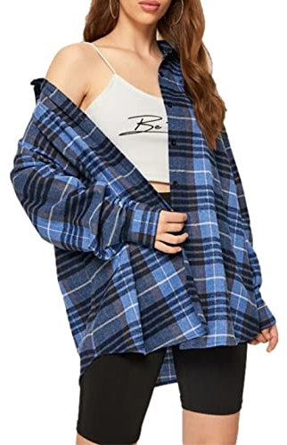 Bozanly Flanell Buffalo Plaid Shirts für Frauen Oversized Button Down Shacket Bluse Tops, Blau, Klein