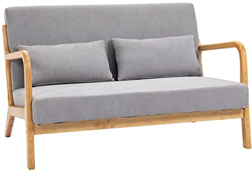 HOMCOM Modernes und platzsparendes 2-Sitzer-Sofa aus Holz mit Kissen, gepolstertem Sitz und Samt-Effekt-Stoff, 122x80x72 cm, Grau