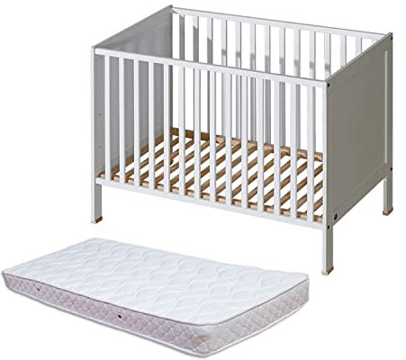 ATB MEBLE Babybett mit Matratze und Matratzenschoner - Beistellbett Baby aus Holz - Bett Baby - Vier Ebenen der Matratzenhöhe - Bett für Babyzimmer - 3 ausziehbare Sprossen - 120x60 - Weiß