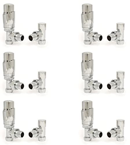 Hot Flow (6 Pack Bundle) Chrome Cascade Angled Modern TRV Thermostatic Radiator Valve (Pair) Includes 6X Angled TRV Body's & 6X Lock Shields for Quick & Easy Temperature Control.