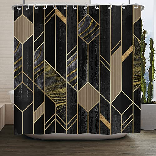 ASDCXZ Duschvorhang Schwarz Gold Marmor 180x200 cm, Modern Leichter Luxus Gold Linie Marmor Optik Bad Duschvorhänge Waschbar Polyester Textil Wasserdicht Duschvorhang für Badewanne mit 12 Hake